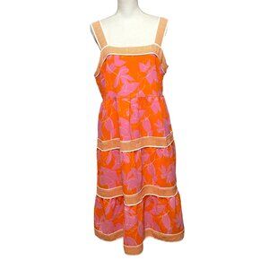 Isaac Mizrahi Live QVC Petite Tiered Midi Dress‎ 14P Tropical Print Neon Colors